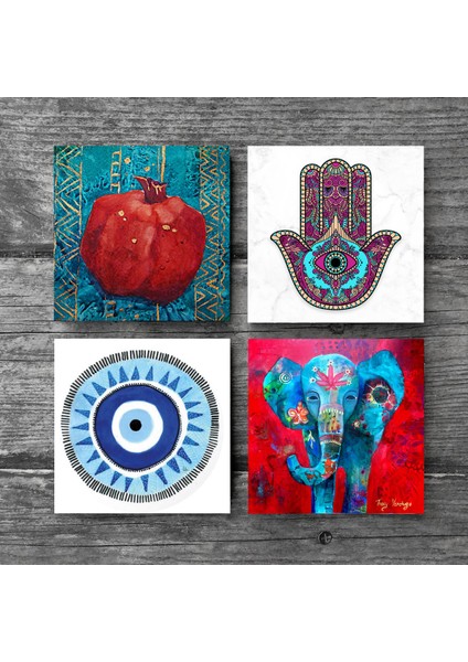 Stone Nazar, Fil, Fatma Ana Eli (Hamsa), Nar Taş Bardak Altlığı – 4’lü Set, 10x10 cm Dekoratif Masaüstü Koruyucu Doğaltaş Altlık |SC206| modelleri