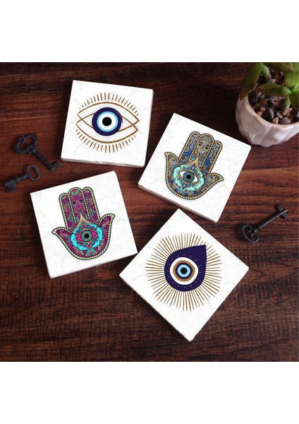 Stone Nazar, Fatma Ana Eli (Hamsa) Taş Bardak Altlığı – 4’lü Set, 10x10 cm Dekoratif Masaüstü Koruyucu Doğaltaş Altlık |SC402|