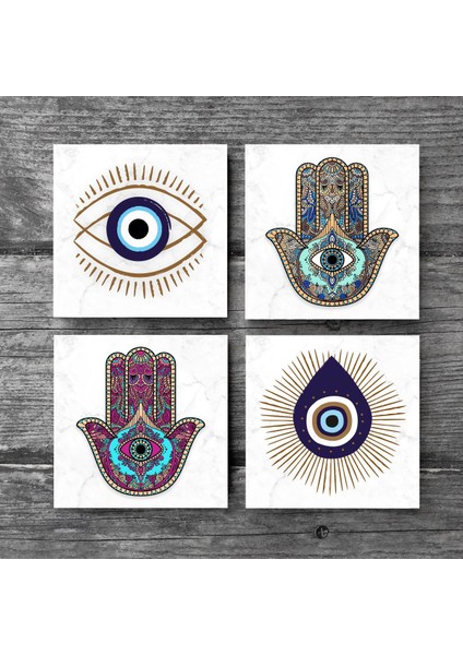 Stone Nazar, Fatma Ana Eli (Hamsa) Taş Bardak Altlığı – 4’lü Set, 10x10 cm Dekoratif Masaüstü Koruyucu Doğaltaş Altlık |SC402| modelleri
