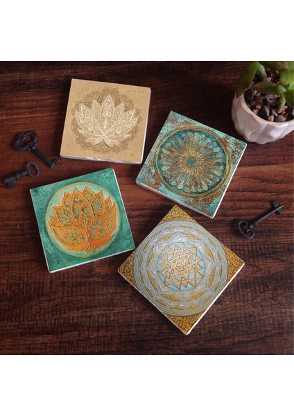 Yaşam Çiçeği, Lotus Çiçeği, Sri Yantra Taş Bardak Altlığı – 4’lü Set, 10x10 cm Dekoratif Masaüstü Koruyucu Doğaltaş Altlık |SC207|