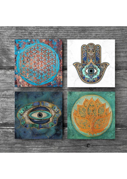 Nazar, Yaşam Çiçeği, Lotus Çiçeği, Fatma Ana Eli (Hamsa) Taş Bardak Altlığı Masaüstü Koruyucu Altlık 4 Parça Set 10x10cm Stone Coasters SC211