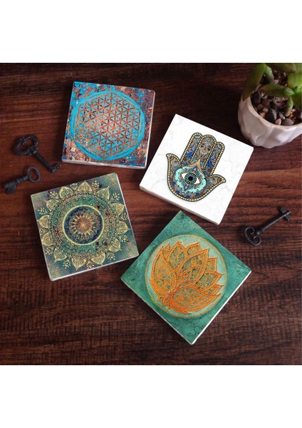 Mandala, Yaşam Çiçeği, Lotus Çiçeği, Fatma Ana Eli (Hamsa) Taş Bardak Altlığı – 4’lü Set, 10x10 cm Dekoratif Masaüstü Koruyucu Doğaltaş Altlık |SC212|