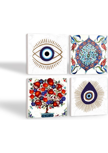 Nazar, Çini Sanatı, Nar Ağacı Taş Bardak Altlığı – 4’lü Set, 10x10 cm Dekoratif Masaüstü Koruyucu Doğaltaş Altlık |SC408| fiyatları