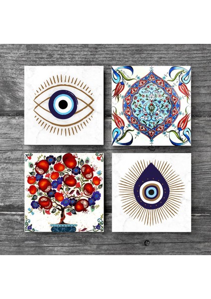 Nazar, Çini Sanatı, Nar Ağacı Taş Bardak Altlığı – 4’lü Set, 10x10 cm Dekoratif Masaüstü Koruyucu Doğaltaş Altlık |SC408| modelleri