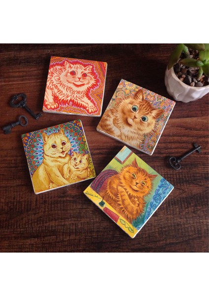 Louis Wain Kediler Taş Bardak Altlığı – 4’lü Set, 10x10 cm Dekoratif Masaüstü Koruyucu Doğaltaş Altlık |SC214|