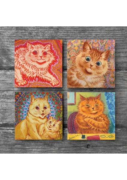 Louis Wain Kediler Taş Bardak Altlığı – 4’lü Set, 10x10 cm Dekoratif Masaüstü Koruyucu Doğaltaş Altlık |SC214| modelleri
