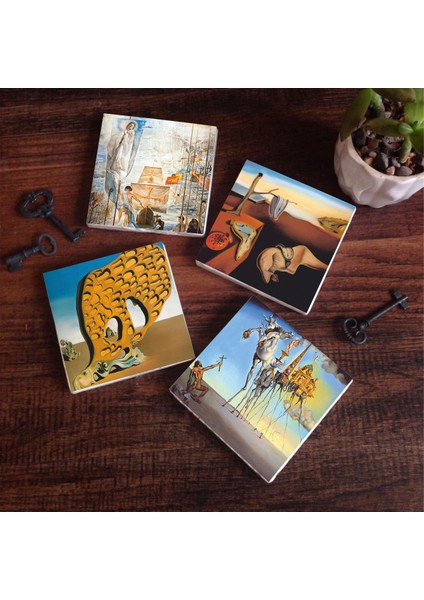 Dalí Belleğin Azmi, Arzunun Gizemi, Antonius, Amerika’nın Keşfi Taş Bardak Altlığı Masaüstü Koruyucu Altlık 4 Parça Set 10x10cm Stone Coasters SC215