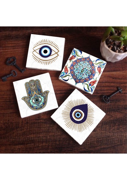 Nazar, Çini Sanatı, Fatma Ana Eli (Hamsa) Taş Bardak Altlığı Masaüstü Koruyucu Altlık 4 Parça Set 10x10cm Stone Coasters SC410