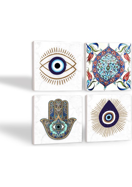 Nazar, Çini Sanatı, Fatma Ana Eli (Hamsa) Taş Bardak Altlığı Masaüstü Koruyucu Altlık 4 Parça Set 10x10cm Stone Coasters SC410