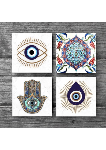 Nazar, Çini Sanatı, Fatma Ana Eli (Hamsa) Taş Bardak Altlığı Masaüstü Koruyucu Altlık 4 Parça Set 10x10cm Stone Coasters SC410