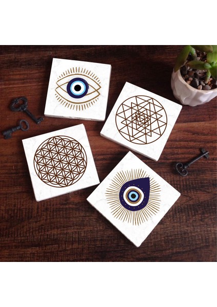 Nazar, Yaşam Çiçeği, Sri Yantra Taş Bardak Altlığı Masaüstü Koruyucu Altlık 4 Parça Set 10x10cm Stone Coasters SC413