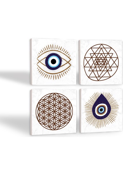 Nazar, Yaşam Çiçeği, Sri Yantra Taş Bardak Altlığı Masaüstü Koruyucu Altlık 4 Parça Set 10x10cm Stone Coasters SC413