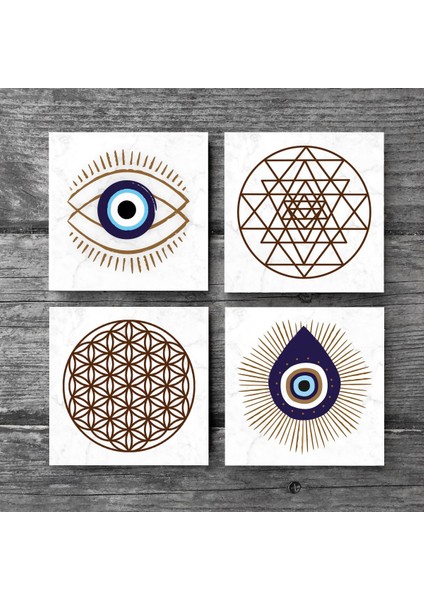 Nazar, Yaşam Çiçeği, Sri Yantra Taş Bardak Altlığı Masaüstü Koruyucu Altlık 4 Parça Set 10x10cm Stone Coasters SC413