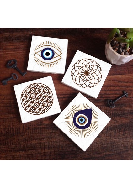 Nazar, Yaşam Çiçeği Taş Bardak Altlığı – 4’lü Set, 10x10 cm Dekoratif Masaüstü Koruyucu Doğaltaş Altlık |SC414|