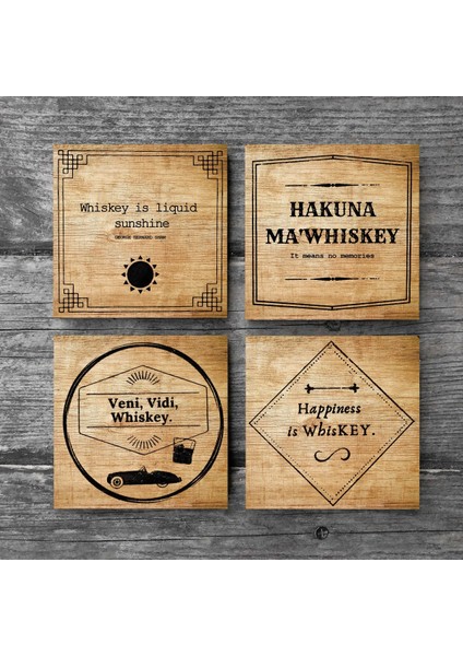 Viski Temalı Taş Bardak Altlığı Masaüstü Koruyucu Altlık 4 Parça Set 10x10cm Stone Coasters SC220