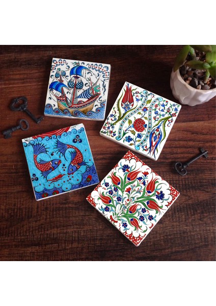 Çini Sanatı Lale, Balık, Yelkenli Gemi Taş Bardak Altlığı – 4’lü Set, 10x10 cm Dekoratif Masaüstü Koruyucu Doğaltaş Altlık |SC221|