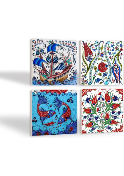 Çini Sanatı Lale, Balık, Yelkenli Gemi Taş Bardak Altlığı – 4’lü Set, 10x10 cm Dekoratif Masaüstü Koruyucu Doğaltaş Altlık |SC221| fiyatları