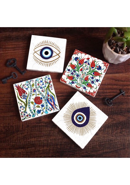 Stone Nazar, Çini Sanatı Lale Taş Bardak Altlığı – 4’lü Set, 10x10 cm Dekoratif Masaüstü Koruyucu Doğaltaş Altlık |SC415|