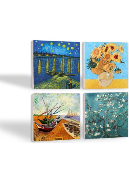 Van Gogh Ren Nehri, Balıkçı Tekneleri, On İki Ayçiçekli Vazo, Badem Ağacı Taş Bardak Altlığı – 4’lü Set, 10x10 cm Dekoratif Masaüstü Koruyucu Doğaltaş Altlık |SC222| fiyatları