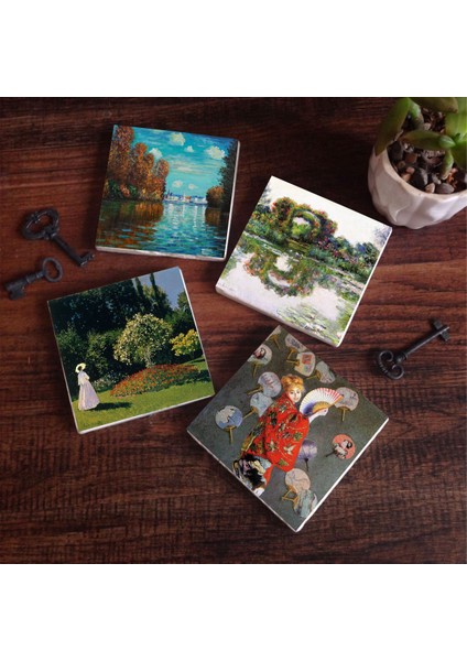 Claude Monet Sonbahar, Japon Kostümü, Gül Çiçekli Kemer, Bahçedeki Kadın Taş Bardak Altlığı Masaüstü Koruyucu Altlık 4 Parça Set 10x10cm Stone Coasters SC223