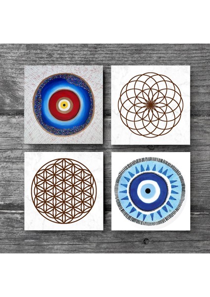 Stone Nazar, Yaşam Çiçeği Taş Bardak Altlığı – 4’lü Set, 10x10 cm Dekoratif Masaüstü Koruyucu Doğaltaş Altlık |SC224| modelleri
