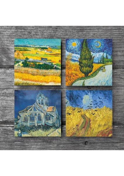 Van Gogh Hasat Manzarası, Yıldızlı Yol, Buğday Tarlası ve Kargalar, Kilise Taş Bardak Altlığı Masaüstü Koruyucu Altlık 4 Parça Set 10x10cm Stone Coasters SC225 modelleri