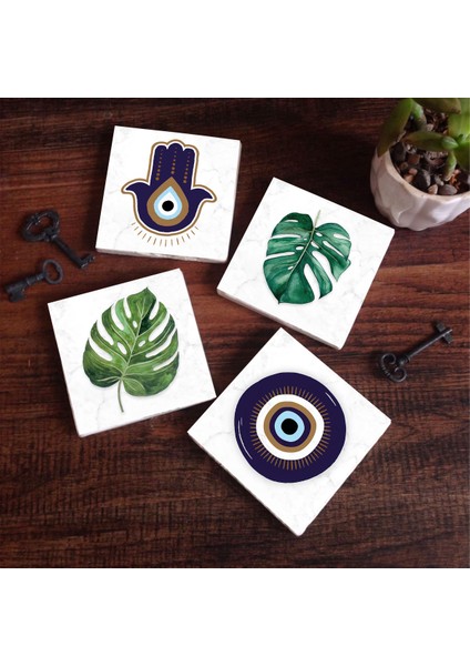 Stone Fatma Ana Eli (Hamsa), Nazar, Yaprak Taş Bardak Altlığı – 4’lü Set, 10x10 cm Dekoratif Masaüstü Koruyucu Doğaltaş Altlık |SC420|