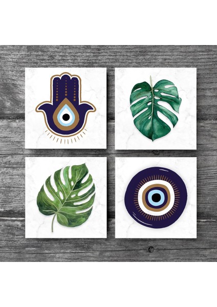 Stone Fatma Ana Eli (Hamsa), Nazar, Yaprak Taş Bardak Altlığı – 4’lü Set, 10x10 cm Dekoratif Masaüstü Koruyucu Doğaltaş Altlık |SC420| modelleri