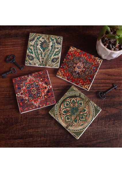 Desen, Vintage Desen Taş Bardak Altlığı – 4’lü Set, 10x10 cm Dekoratif Masaüstü Koruyucu Doğaltaş Altlık |SC229|