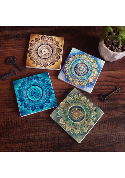 Mandala Taş Bardak Altlığı Masaüstü Koruyucu Altlık 4 Parça Set 10x10cm Stone Coasters SC230