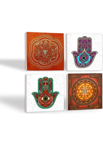 Stone Sri Yantra, Fatma Ana Eli (Hamsa) Taş Bardak Altlığı – 4’lü Set, 10x10 cm Dekoratif Masaüstü Koruyucu Doğaltaş Altlık |SC232| fiyatları