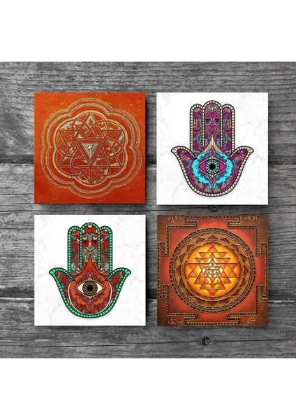 Stone Sri Yantra, Fatma Ana Eli (Hamsa) Taş Bardak Altlığı – 4’lü Set, 10x10 cm Dekoratif Masaüstü Koruyucu Doğaltaş Altlık |SC232| modelleri