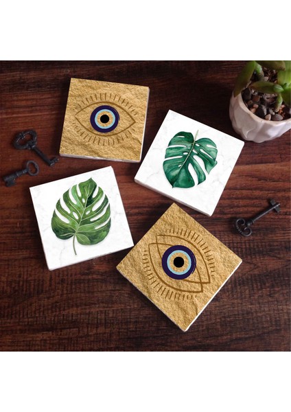 Stone Nazar, Yaprak Taş Bardak Altlığı – 4’lü Set, 10x10 cm Dekoratif Masaüstü Koruyucu Doğaltaş Altlık |SC425|