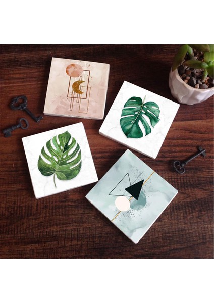 Stone Minimalist Soyut, Yaprak Taş Bardak Altlığı – 4’lü Set, 10x10 cm Dekoratif Masaüstü Koruyucu Doğaltaş Altlık |SC426|