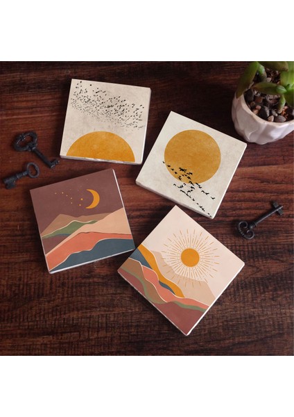 Minimalist, Bohem Taş Bardak Altlığı Masaüstü Koruyucu Altlık 4 Parça Set 10x10cm Stone Coasters SC234