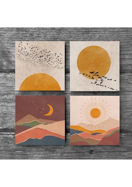 Minimalist, Bohem Taş Bardak Altlığı Masaüstü Koruyucu Altlık 4 Parça Set 10x10cm Stone Coasters SC234