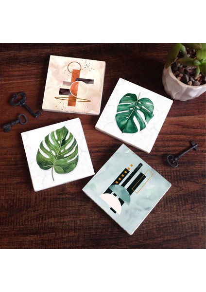 Stone Minimalist Soyut, Yaprak Taş Bardak Altlığı – 4’lü Set, 10x10 cm Dekoratif Masaüstü Koruyucu Doğaltaş Altlık |SC428|