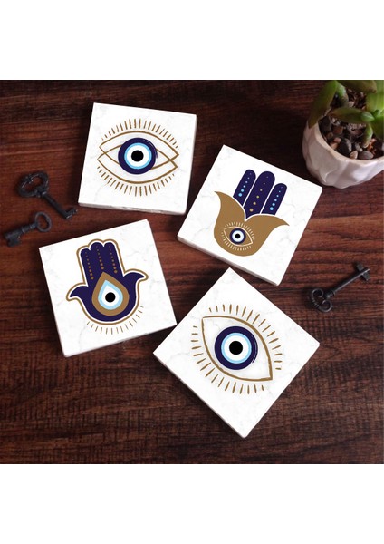 Stone Fatma Ana Eli (Hamsa), Nazar Taş Bardak Altlığı – 4’lü Set, 10x10 cm Dekoratif Masaüstü Koruyucu Doğaltaş Altlık |SC236|