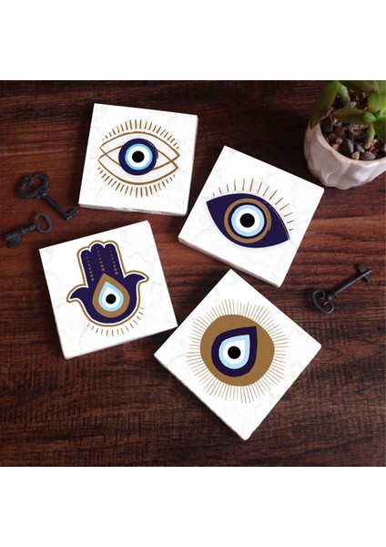 Fatma Ana Eli (Hamsa), Nazar Taş Bardak Altlığı Masaüstü Koruyucu Altlık 4 Parça Set 10x10cm Stone Coasters SC237