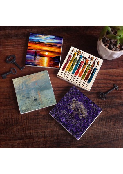 Claude Monet İzlenim Gün Doğumu, Hayat Ağacı, Yerli Kadınlar, Deniz Manzarası Taş Bardak Altlığı – 4’lü Set, 10x10 cm Dekoratif Masaüstü Koruyucu Doğaltaş Altlık |SC430|