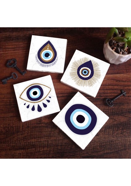 Stone Nazar Taş Bardak Altlığı – 4’lü Set, 10x10 cm Dekoratif Masaüstü Koruyucu Doğaltaş Altlık |SC239|