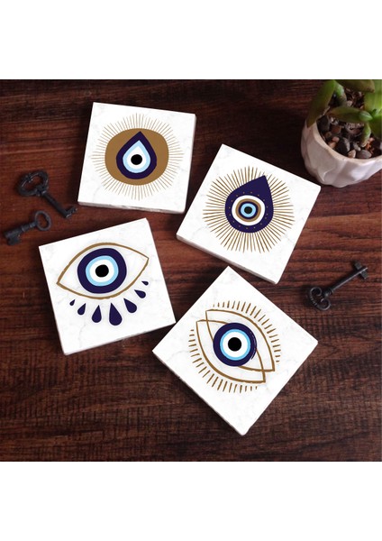 Stone Nazar Taş Bardak Altlığı – 4’lü Set, 10x10 cm Dekoratif Masaüstü Koruyucu Doğaltaş Altlık |SC240|