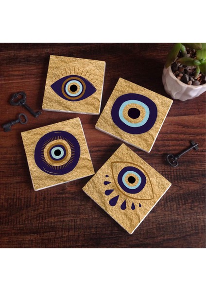 Nazar Taş Bardak Altlığı Masaüstü Koruyucu Altlık 4 Parça Set 10x10cm Stone Coasters SC241