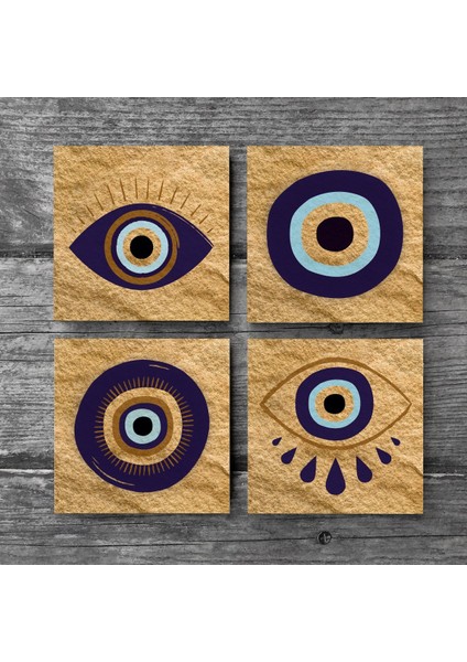 Nazar Taş Bardak Altlığı Masaüstü Koruyucu Altlık 4 Parça Set 10x10cm Stone Coasters SC241 modelleri