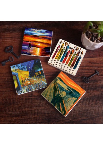 Van Gogh Kafe Terasta Gece, Çığlık, Yerli Kadınlar, Deniz Manzarası Taş Bardak Altlığı – 4’lü Set, 10x10 cm Dekoratif Masaüstü Koruyucu Doğaltaş Altlık |SC434|