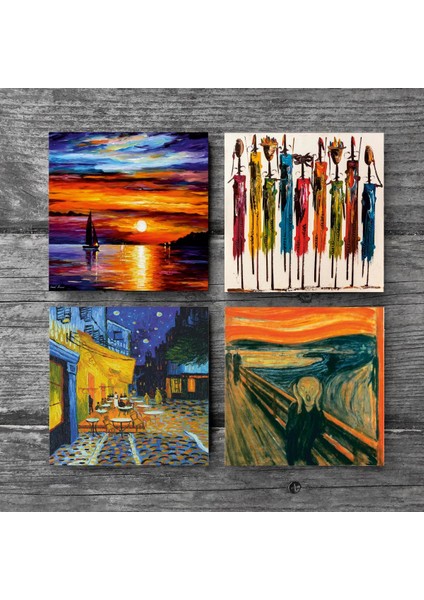 Van Gogh Kafe Terasta Gece, Çığlık, Yerli Kadınlar, Deniz Manzarası Taş Bardak Altlığı – 4’lü Set, 10x10 cm Dekoratif Masaüstü Koruyucu Doğaltaş Altlık |SC434| modelleri
