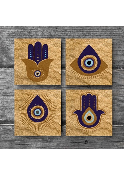 Fatma Ana Eli (Hamsa), Nazar Taş Bardak Altlığı – 4’lü Set, 10x10 cm Dekoratif Masaüstü Koruyucu Doğaltaş Altlık |SC244| modelleri