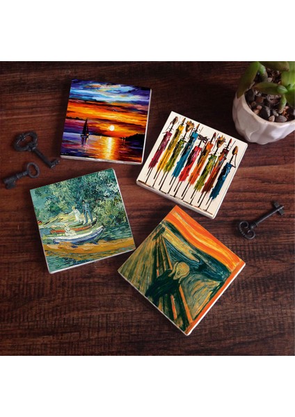 Van Gogh Auvers'deki Oise Bankası, Çığlık, Yerli Kadınlar, Deniz Manzarası Taş Bardak Altlığı Masaüstü Koruyucu Altlık 4 Parça Set 10x10cm Stone Coasters SC436