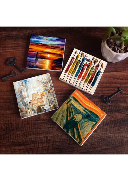 Dalí Amerika’nın Keşfi, Çığlık, Yerli Kadınlar, Deniz Manzarası Taş Bardak Altlığı – 4’lü Set, 10x10 cm Dekoratif Masaüstü Koruyucu Doğaltaş Altlık |SC437|