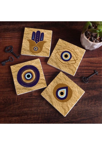Stone Fatma Ana Eli (Hamsa), Nazar Taş Bardak Altlığı – 4’lü Set, 10x10 cm Dekoratif Masaüstü Koruyucu Doğaltaş Altlık |SC246|